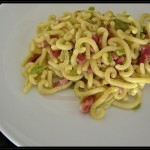 Gramigna con fave e pancetta